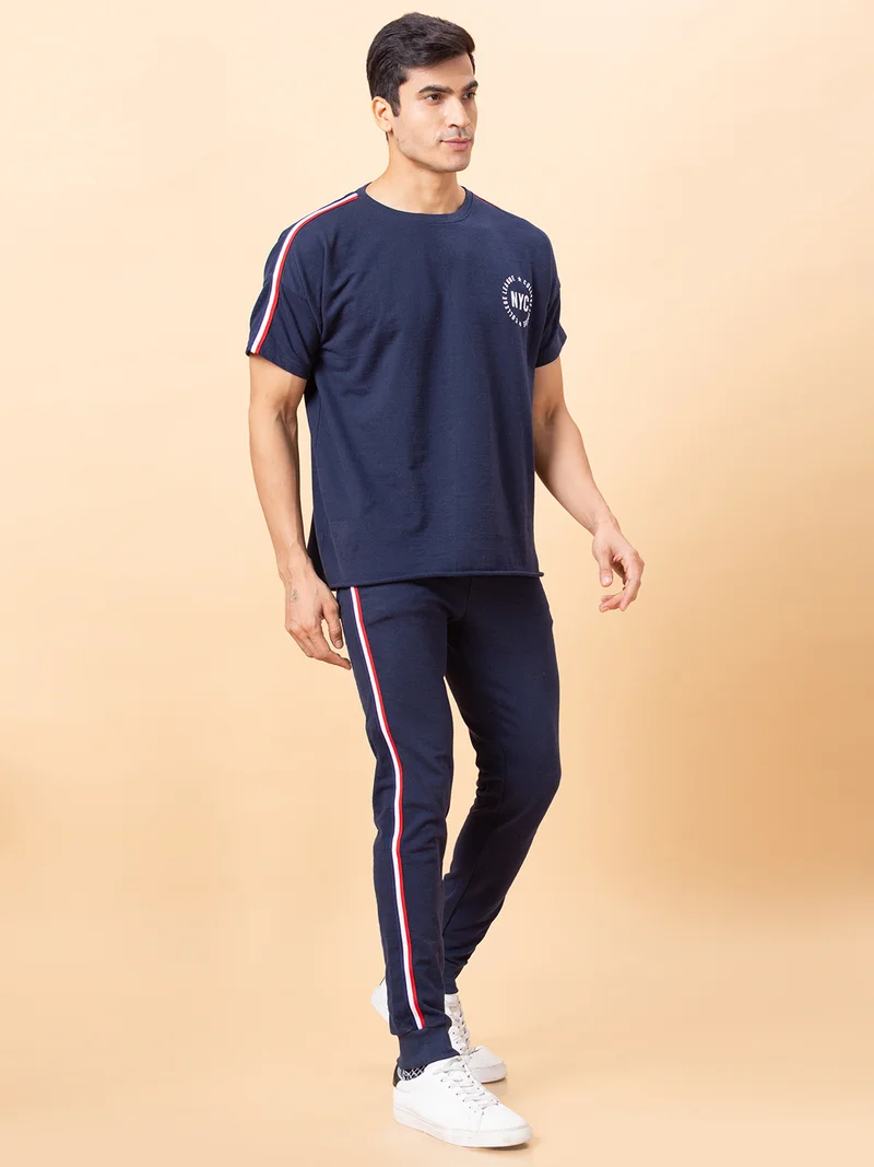 globus  Globus Men Navy Solid Cotton Sports Co-Ords Set with T-shirt and Jogger for Men | Best Price UAE